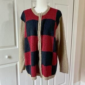 Bobbie Brooks Women 22W/24W color block full zip sweater checkerboard black red